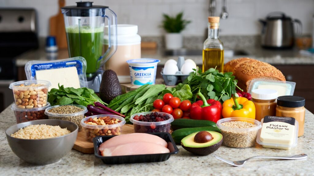 Simple, whole foods on a cutting board - vegetables, real butter, eggs, plain foods without packaging