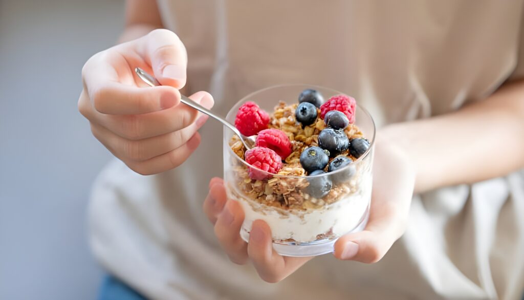 A table with "healthy" processed foods - protein bars, low-fat yogurt, whole grain crackers, granola, diet foods in neat rows